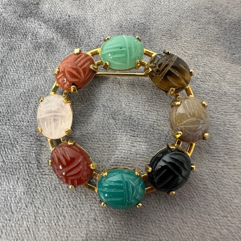 Vintage Gold Tone Multi Color Scarab Wreath Brooch Pin Egyptian Revival Costume